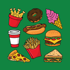 Colorful Cartoon Fast Food Icon Set Isolated Vector Illustration
