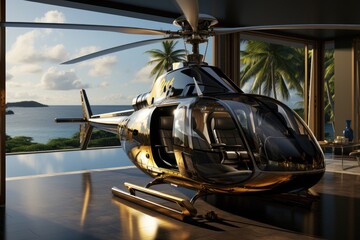 VIP helicopter lands on luxurious seaside heliport., generative IA - obrazy, fototapety, plakaty