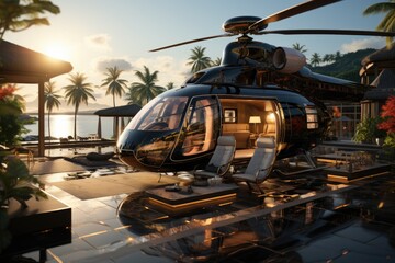 VIP helicopter lands on luxurious seaside heliport., generative IA - obrazy, fototapety, plakaty