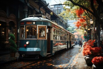 Vintage tram crosses busy street between cafes and shops., generative IA