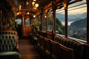 Tram climbing steep hill, panoramic view of the city., generative IA