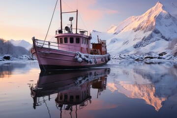 Polar icebreaker sailing in frozen waters, surrounded by snow and mountains., generative IA - obrazy, fototapety, plakaty