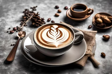 Photo sur Plexiglas Café A high-definition image of an espresso shot, featuring rich crema and an intricately designed coffee cup, embodying the essence of coffee craftsmanship