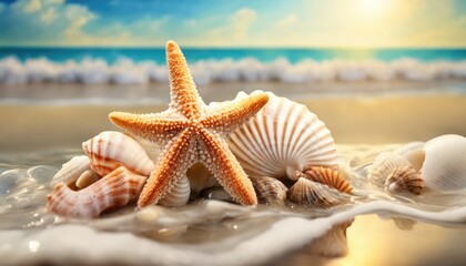 Fototapeta na wymiar Seashell on sand of the beach in sunlight, background, close up