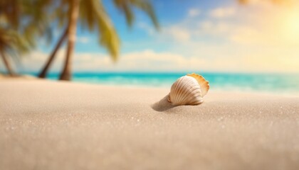 Fototapeta na wymiar shells and seashells on a sandy beach with the ocean in the background