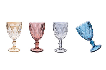 Set of different colored glass cup isolated on white background.