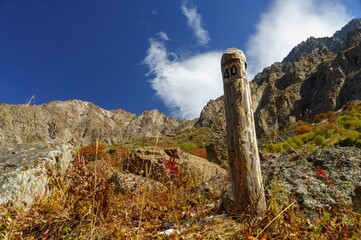Ancient milepost by a dirt road, vibrant autumn colors, imposing cliffs, serene sky, untouched...