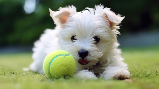 Cute Maltese puppy playing with a tennis ball in the garden