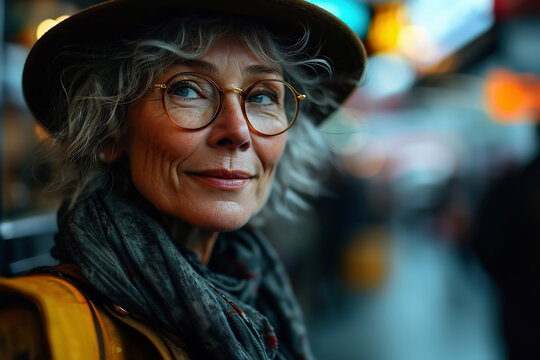 Portrait of stylish happy confident woman with grey hair wearing hat and glasses on the street, blurred background. Senior Lifestyle, solo travel, generative ai