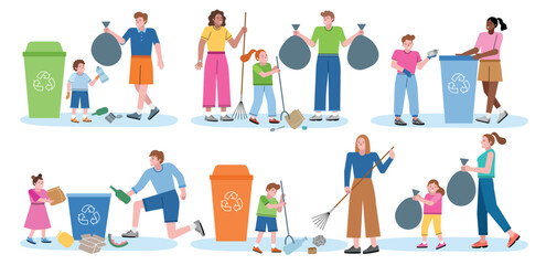 Fototapeta na wymiar Adults and children collect garbage. Recycling and sorting, cartoon people put waste in containers, environment and ecology care, vector set.eps