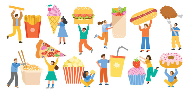 Tiny men and women eat fast food. Funny little people with calorie meal, french fries, pizza and burger, unhealthy products, vector set.eps