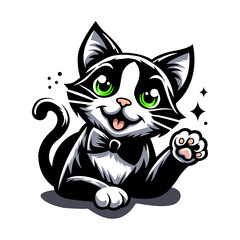Logo illustration of a half-body cat with one arm waving