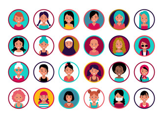 Women, girls avatar collection. Picture character group, social media. Set portrait icon. Set forum account. Cartoon social avatar. User community. - 705221383