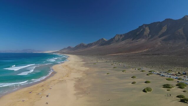 The drone aerial footage of Cofete beach in Fuerteventura Island, Canary Islands, Spain. Playa de Cofete, one of the best beaches in Fuerteventura.