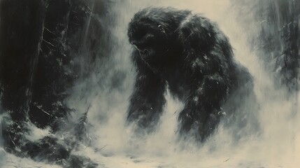 Fototapeta premium Mysterious Bigfoot Creature Looming in a Shadowy, Mist-Filled Forest. Cryptids wallpaper for mystery enjoyers. 