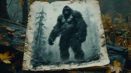 Photograph of Mysterious Bigfoot Creature Looming in a Shadowy, Mist-Filled Forest. Cryptids wallpaper for mystery enjoyers.