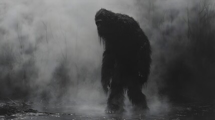 Mysterious Bigfoot Creature Looming in a Shadowy, Mist-Filled Forest. Cryptids wallpaper for mystery enjoyers. 