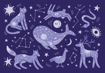 Animal silhouettes with constellations. Patterned decorative fauna, mystic spiritual creatures, bohemian night sky ornaments, vector set.eps