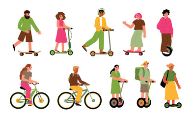 Cartoon funny people drive ecological transport. City cute persons on segway, bikes and scooters, happy cyclists characters, vector set.eps
