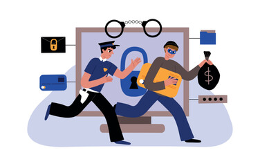 Cartoon policeman is chasing hacker. Desktop computer, digital data protection, internet security, thief and burglar, vector illustration.eps