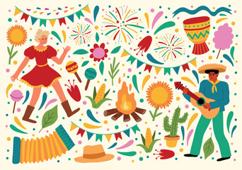 Obraz na płótnie Canvas Festa junina festival elements. People and party objects, funny dancer and musician in folk clothing, harvest country holiday, vector set.eps