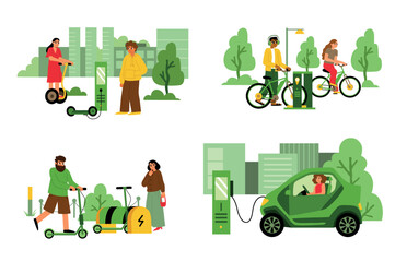 Obraz premium Citizens drive ecological transport. Personal electric vehicles, urban lifestyle scenes, charging scooters, cars and bicycles, vector set.eps