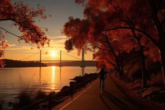 Cyclist crosses bridge suspended over Rio at sunset., generative IA