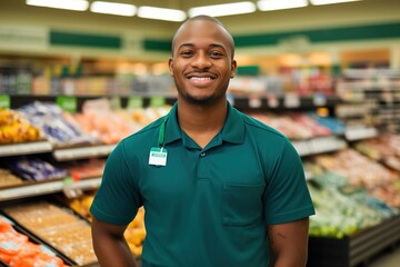 Portrait of a smiling African-American grocery store employee - obrazy, fototapety, plakaty