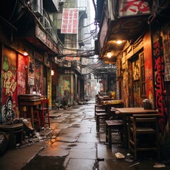 Fototapeta na wymiar A wet alleyway in a Chinese city with graffiti on the walls and traditional Chinese characters on the signs