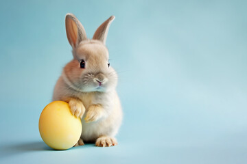 Fototapeta na wymiar Cute adorable Easter bunny holding yellow egg on blue background, generative ai