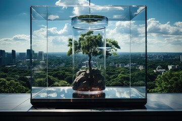 Fototapeta na wymiar Panoramic view of the city through a glass elevator., generative IA
