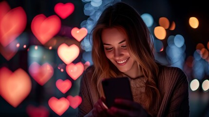 Young woman using phone at night for online dating or texting message to lover with heart shape bokeh on background - obrazy, fototapety, plakaty