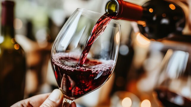 Male waiter pouring wine. The gentle cascade of red wine from a waiter's hand captures the essence of indulgence, setting the stage for a memorable evening.