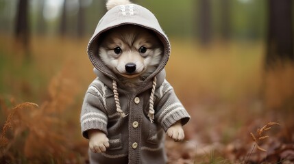Cute siberian husky puppy in a gray sweater in the autumn forest - obrazy, fototapety, plakaty