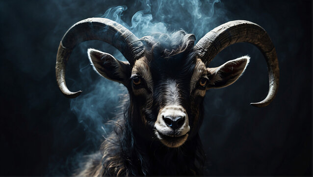 horned goat on black background