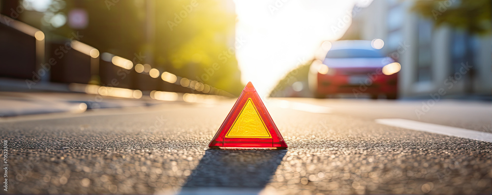 Wall mural Red emergency safety triangle or stop sign on road.