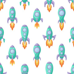 Cute children's seamless pattern with green rockets. Creative kids texture for fabric, wrapping, textile, wallpaper, apparel. Vector illustration