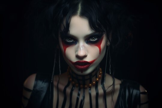 beautiful model dressed as a vampire clown posing in front of the camera