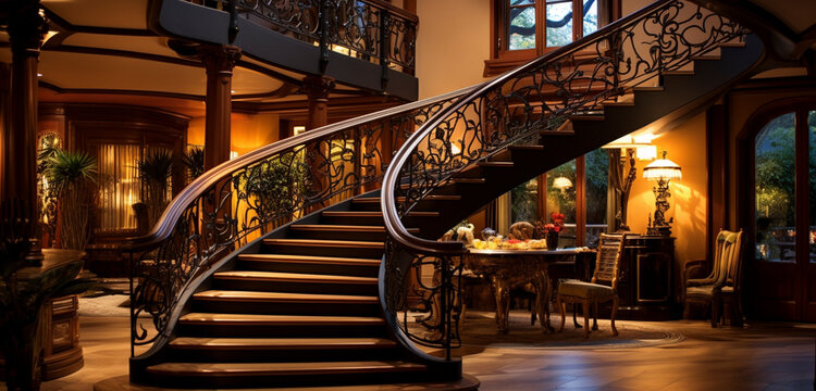 A majestic spiral staircase with deep wooden steps and wrought iron railings, illuminated by warm, ambient lighting.