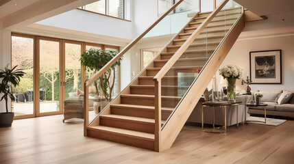 A light oak staircase with clear glass balustrades, forming a stunning centerpiece in a bright, spacious room.