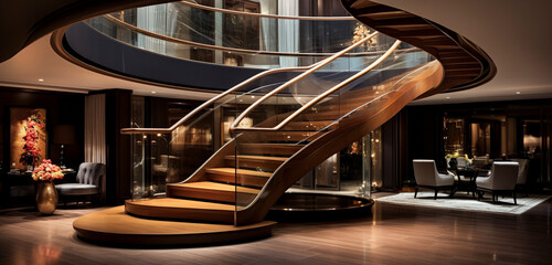 A luxurious, curved wooden staircase with an elegant glass balustrade, in a high-end boutique hotel.