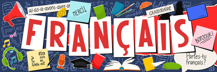 Francais. Translation: French  thank you  Good morning  grammar  Do you speak French  I am  You are  He/she is  have. French language concept.  © N.Savranska