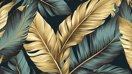 Tropical seamless pattern with beautiful palm, banana leaves. Hand-drawn vintage 3D illustration. Glamorous exotic abstract background design. Luxury design for wallpaper, napkins etc. Background - obrazy, fototapety, plakaty