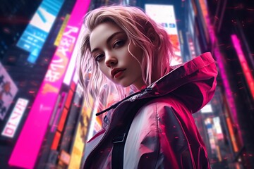 very modern teenage girl on a futuristic street