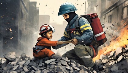 Obraz premium Helping a child among the ruins