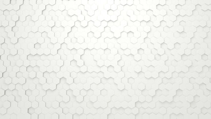 Wall background of randomly positioned white hexagons - 3D render.