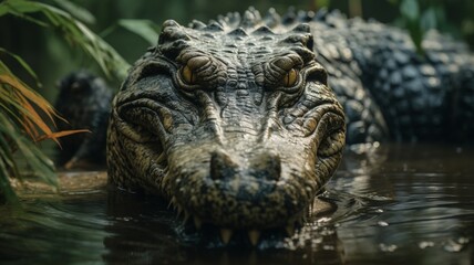 Reflective jungle pond with a pair of crocodiles partially submerged, waiting patiently -Generative Ai - obrazy, fototapety, plakaty