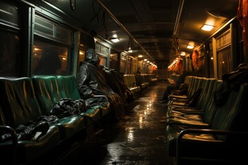 Sleeping passengers on night bus., generative IA - obrazy, fototapety, plakaty