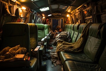 Sleeping passengers on night bus., generative IA - obrazy, fototapety, plakaty