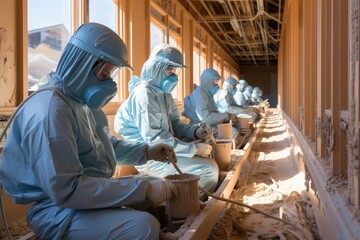 Workers apply thermal and acoustic insulation in imposing buildings., generative IA - obrazy, fototapety, plakaty